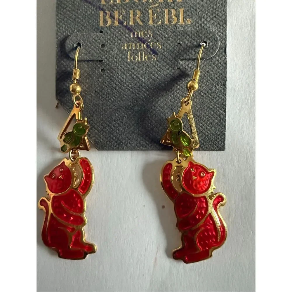 Edgar Berebi Women's Red Enamel Cat And Green Bird Dangle Earrings Jewelry NWT